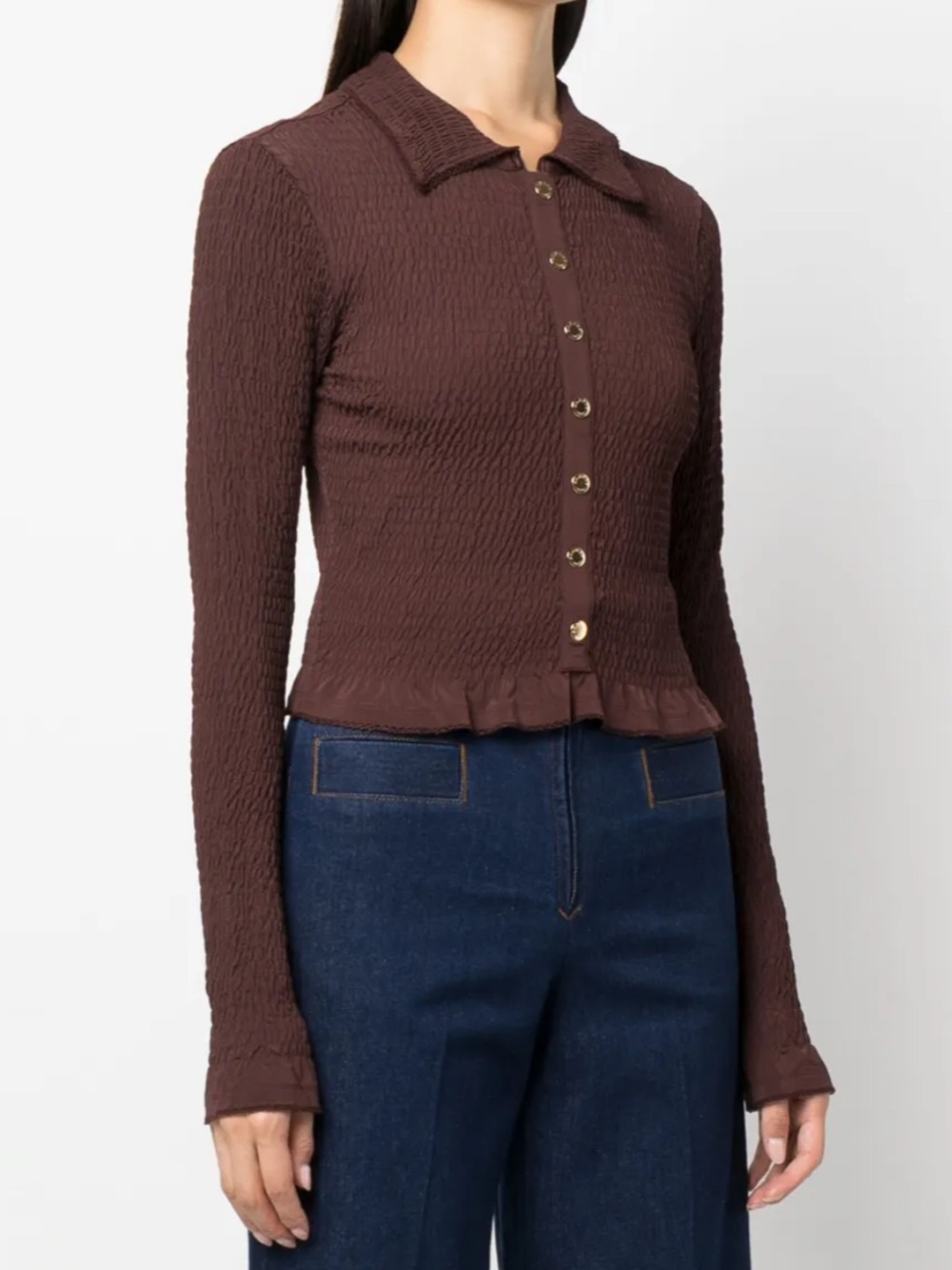 NWT Sandro Prunelle Smocked Button Detail Bordeaux Long Sleeve Top